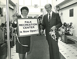 Pat McGlinchey with Dr. Dominick P. Purpura (then dean), at the ribbon-cutting ceremony for the recreation center, in 1987.