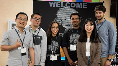 Dr. Jess Mar (center) with members of the winning team, BioAge (from left): Zuen Ren (Ph.D. student), Dr. Yang Liu (postdoc),  Ameya Kulkarni (Ph.D. student), Yu Liu (Ph.D. student) and Wesam Azaizeh (Ph.D. student)