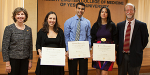 ) Drs. Cheryl Merzel and Paul Marantz flank M.P.H. graduates (Drs. Elizabeth Poole-Di Salvo, Viraj Patel and Nareen Abboud)