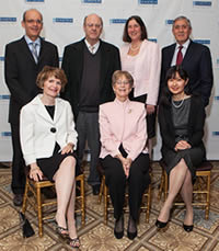 A bequest of more than $160 million from Muriel Block will, in part, support the research of 10 Harold and Muriel Block Scholars. These include (from left, rear): Drs. Michael Aschner, Robert Singer, Betsy Herold, (from left, seated): Meredith Hawkins and Mimi Kim, pictured here with Einstein Dean Dr. Allen M. Spiegel (far right, rear) and Chair of Einstein’s Board of Overseers, Dr. Ruth Gottesman (center, seated)