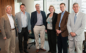 From left, symposium presenters Toshio Suda, M.D., Ph.D., Andreas Trumpp, Ph.D., George Daley, M.D., Ph.D., and Kathrin Plath, Ph.D., with Dean Allen M. Spiegel, M.D., and Paul Frenette, M.D.